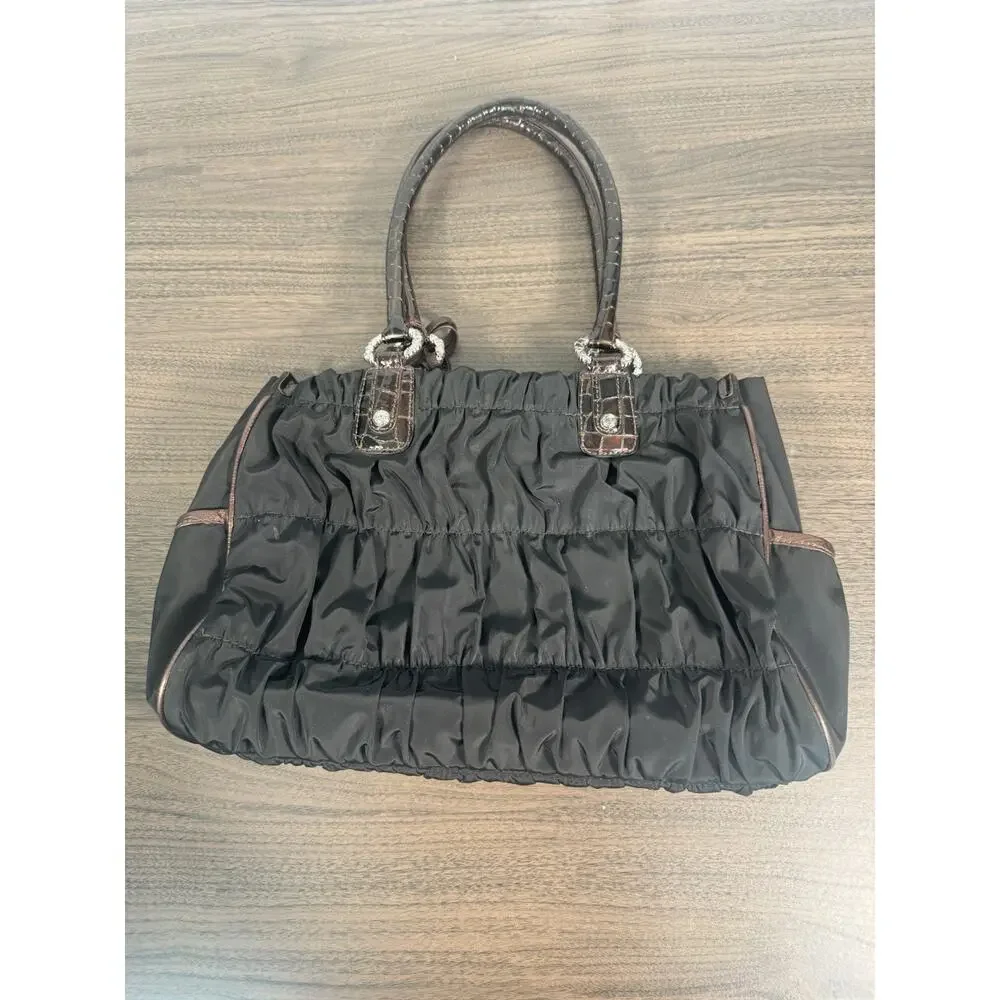 BRIGHTON‎ Purse Camille Black Nylon Ruched Shoulder Bag w/Rosette & Snakeskin
